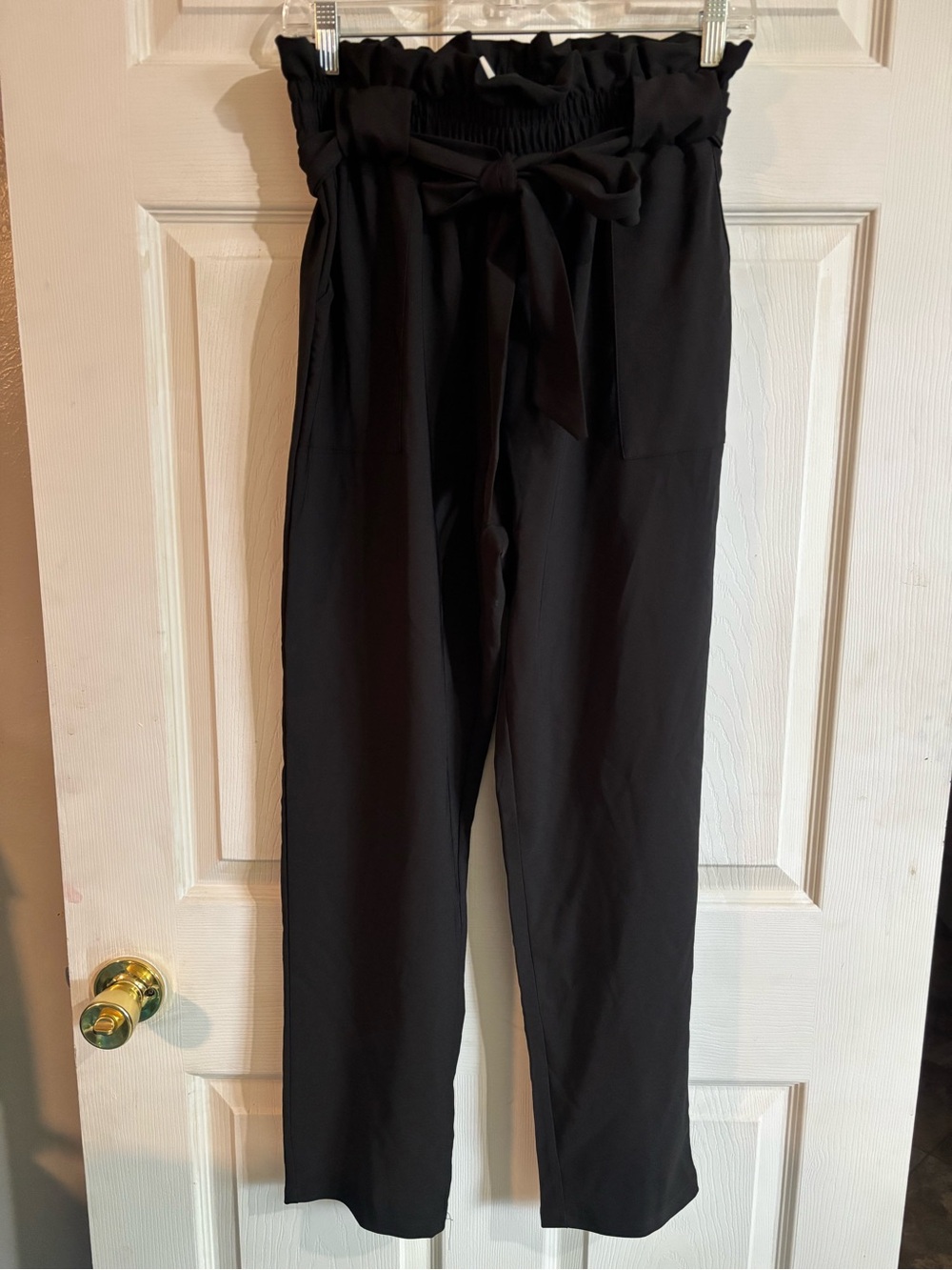 Grace Karin Black Paperbag Waist Straight-Leg Pants with Tie